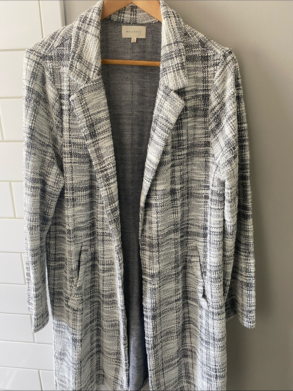 MELLODAY Black & White Tweed Open-Front Long Blazer Coat